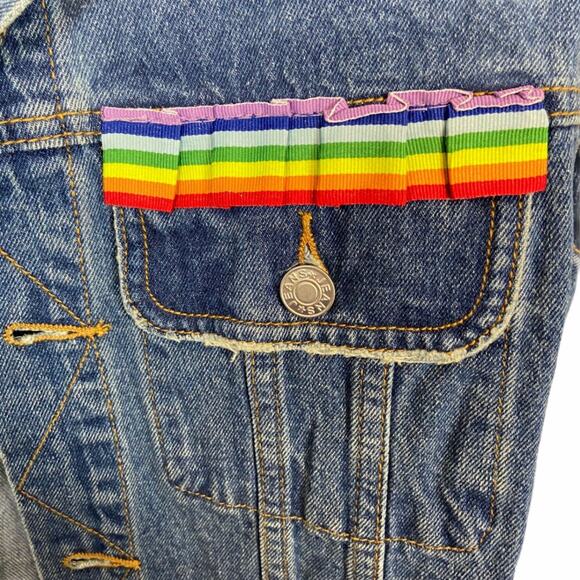 Rainbow Ruffle Jean Jacket Sunset & Spring Blue Denim Ribbon Trim Size Small New - Picture 4 of 12
